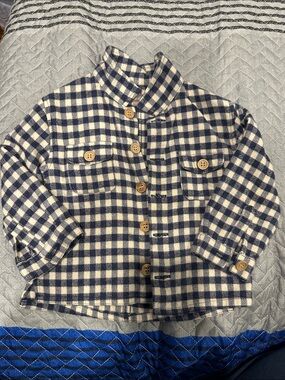 Emile et Ida 100% Cotton Navy and Cream Gingham Button Down Shirt - 12M